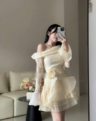 Đầm đỏ lệch vai tay dài tag hoa eo bèo - Kem