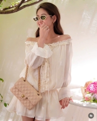 Đầm voan tơ trễ vai tay dài đan ngực kèm quần