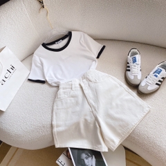Set pull trắng viền đen x short kaki