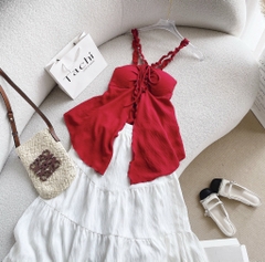 Set áo đỏ dây chéo chân váy midi trắng