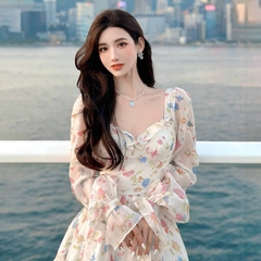 Đầm voan hoa trắng tay dài 2 tầng