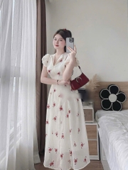 Đầm tơ nhăn in hoa đỏ
