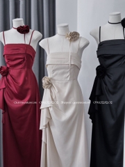 Đầm lụa 2 dây ngực xếp li đính hoa cổ