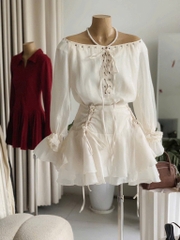 Set voan nude trễ vai đan dây x chân váy xòe - Nude