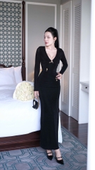 Đầm ôm body tay dài đính bướm - Đen