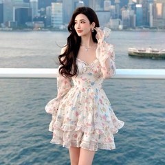 Đầm voan hoa trắng tay dài 2 tầng