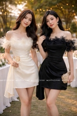 Đầm trễ vai hoa lụa chéo - Đen