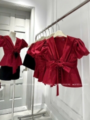 Set đỏ cổ V nơ ngực x short đen