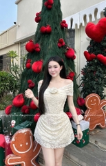 Đầm ren ôm body trễ vai - Kem