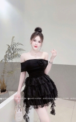 Đầm trễ vai ren tua - Đen