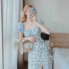 Đầm maxi hoa xanh midi nhíu ngực