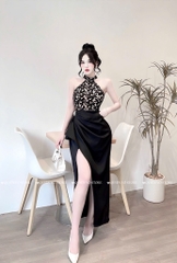 Đầm cổ yếm ren phối lụa ôm body - Đen