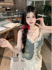Set áo 2 dây jean viền ren chân váy tầng
