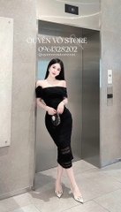Đầm ôm body ren trễ vai - Đen