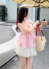 Set áo peplum sọc hồng cổ yếm chân váy xòe