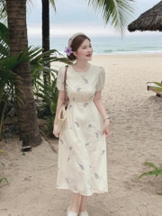 Đầm midi nude nền hoa cổ tròn - Freesize dưới 55kg
