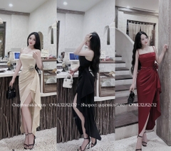 Đầm lụa 2 dây xẻ tà hoa eo