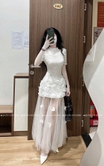 Đầm tay ngắn đuôi cá voan đính hoa - Kem