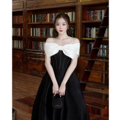 BIGSIZE 55-65kg - Đầm đen trễ vai nơ trắng