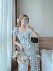 Đầm maxi hoa xanh midi nhíu ngực