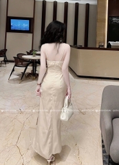 Đầm lụa 2 dây chẻ đùi - Be