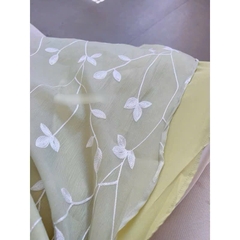 Set áo dài voan nude thêu hoa lá quần suông xanh