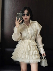 Set sơ mi voan xếp ly x chân váy nhiều tầng