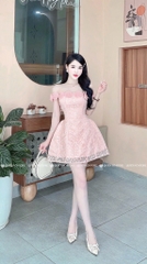 Đầm hoa trễ vai - Hồng