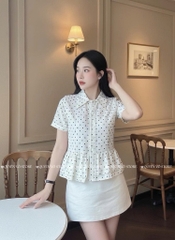 Áo sơ mi babydoll chấm bi trắng - cổ nhọn 1462