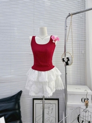 Set áo gân đỏ chân váy tơ 2 tầng