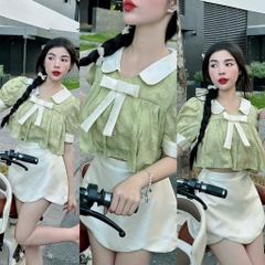 Set áo ren xanh cổ sen Babydoll x chân váy