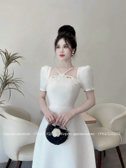 Đầm tafta hoa cổ V
