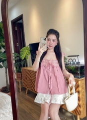 Set Babydoll áo ren hồng chân váy xòe  - S eo 64