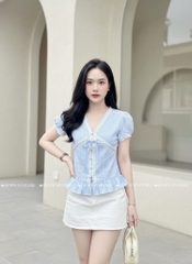 Áo sơ mi babydoll viền ren sọc - Xanh 1445