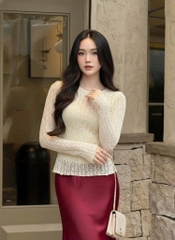 Áo ren ôm body cổ tròn tay dài - Kem 1505