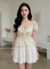 Áo nhún cổ vuông - Hoa hồng