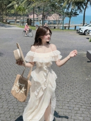 Đầm midi trễ vai kem