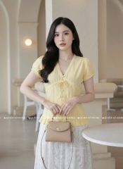 Áo sơ mi babydoll nút bọc viền ren trơn - Vàng 1445