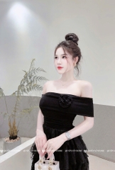Đầm trễ vai ren tua - Đen
