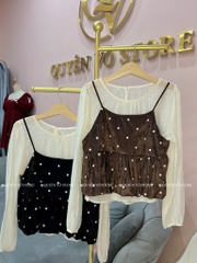 Set áo sơ mi lụa kèm áo 2 dây nhung