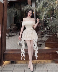 Đầm trễ vai ren tua - Đen