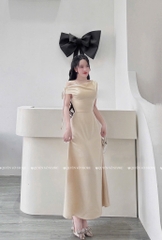 Đầm lụa lệch vai tag bướm - Kem