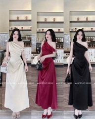 Đầm lụa lệch vai xếp ly eo - Đen
