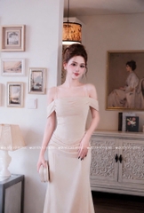 Đầm lụa 2 dây trễ vai - Kem