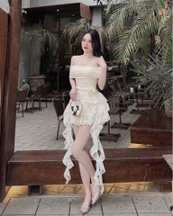Đầm trễ vai ren tua - Đen