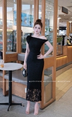Đầm ôm body ren trễ vai - Đen