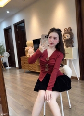 Set áo tay dài hoa nổi chân váy nhung