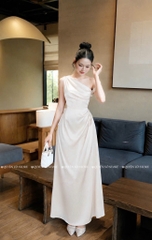 Đầm lụa lệch vai xếp ly eo - Kem