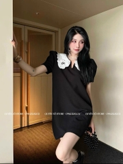 Đầm suông cổ bèo trắng đính hoa - M