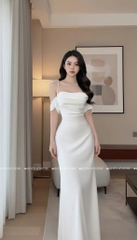 Đầm lụa trễ vai cột dây - TRẮNG